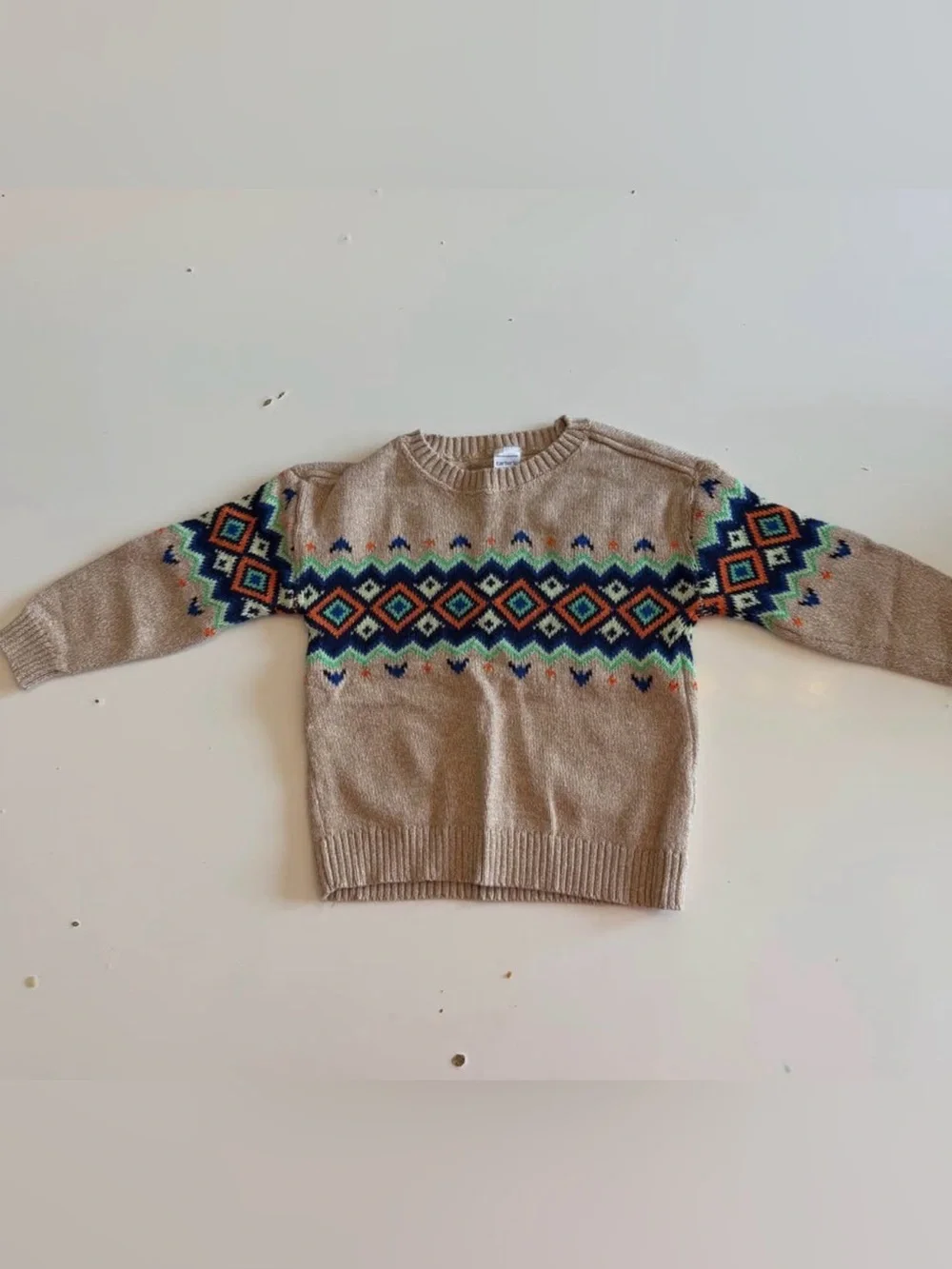 Beige Fair Isle Crewneck Sweater for kids